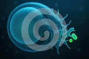 A digital visualization of blue microscopic organisms and cells interacting in a fluid environment, emphasizing biology and