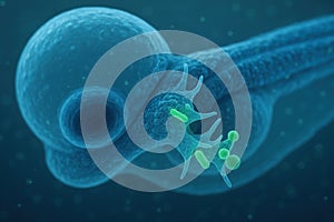 A digital visualization of blue microscopic organisms and cells interacting in a fluid environment, emphasizing biology and