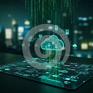 Digital visualization of cloud computing. Central cloud icon surrounded by servers an