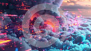 A digital visualization of cloud computing, featuring data processing and AI operations in a colorful and abstract cloud