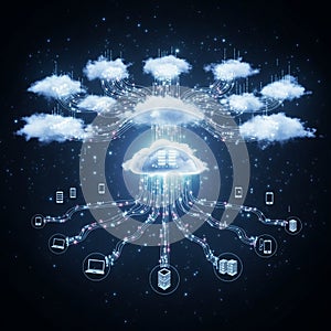 Digital visualization of cloud computing. Multiple clouds are interconnected with data
