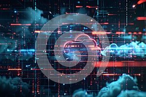 A digital visualization of cloud computing, showcasing data processing and AI operations within the cloud. Generative AI