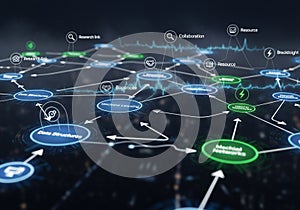 A digital visualization depicts interconnected nodes