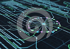 A digital visualization depicts a network graph on a dark