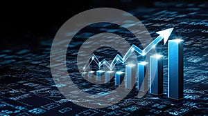 Digital visualization displays a growing trend with ascending bars and arrows, indicating positive market movement and potential