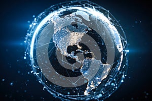 Digital visualization of Earth's continents illuminated with interconnected data points and network lines