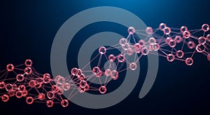 A digital visualization features a complex network of translucent red spheres