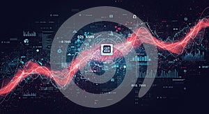 A digital visualization featuring a flowing red waveform against a dark background,