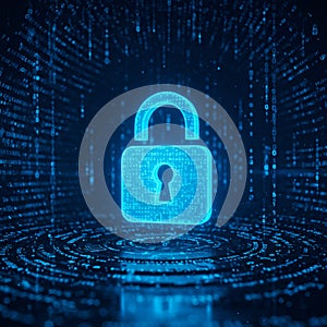 A digital visualization featuring a glowing blue padlock surrounded by binary code