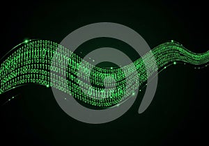 A digital visualization featuring a green binary code pattern,