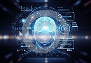A digital visualization featuring a humanoid head with a glowing,