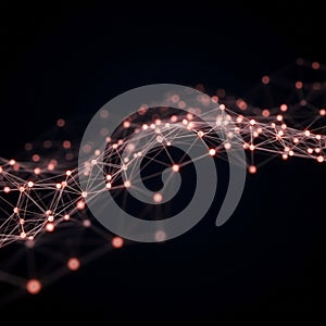 A digital visualization featuring an interconnected network of glowing nodes and lines,