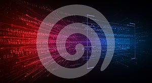A digital visualization featuring lines of binary code and text in a gradient from red on