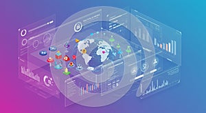 Digital visualization of global data analytics featuring a 3D globe at the center