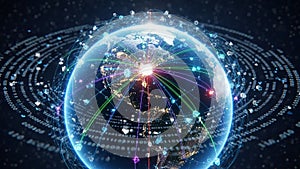 Digital visualization of global network connections with glowing lines and binary code around Earth