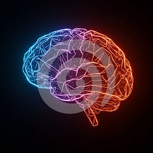 A digital visualization of a human brain in a wireframe model, illuminated with neon