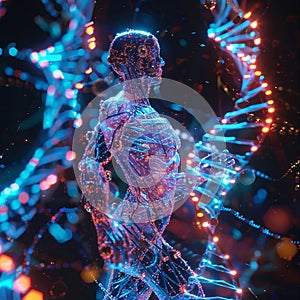 Digital visualization of a human figure composed of illuminated DNA strands surrounded by floating particles