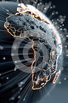 Digital visualization of illuminated Earth showcasing network connections and data flow