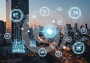 A digital visualization overlays a cityscape at dusk, featuring