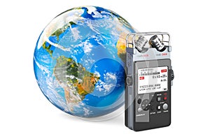 Digital voice recorder with Earth Globe, 3D rendering