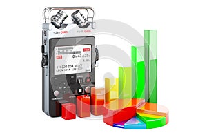 Digital voice recorder with growth bar graph and pie chart, 3D rendering