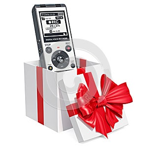 Digital voice recorder inside gift box, gift concept. 3D rendering