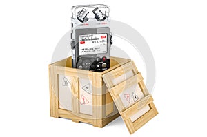 Digital voice recorder inside wooden box, delivery concept. 3D rendering