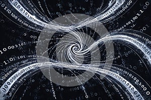 Digital vortex of binary code swirling into an abstract black background