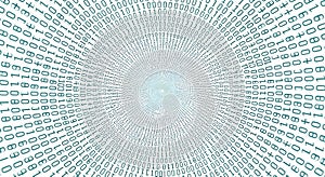 Digital vortex of binary code, technology tunnel, data flow, fast AI computing