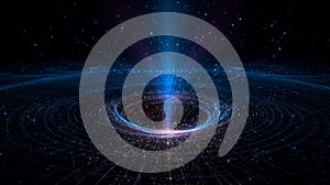 Digital vortex in a futuristic space grid with glowing particles and energy streams