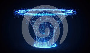 Digital vortex with glowing blue particles and binary code, representing data flow and technology concepts