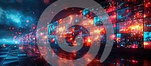 Digital Wall of Screens with Bright Lights