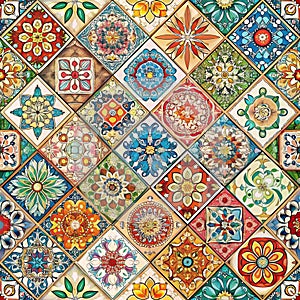 Digital Wall Tile Decor for Home, Ceramic Tile Design, Seamless Colourful Patchwork in Indian Style