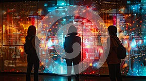 A digital wall is transformed into a futuristic data visualization tool as a team of bankers and analysts work together