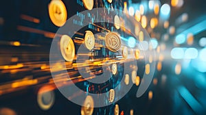 Abstract representation of digital coins flowing interest photo