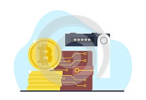 Digital wallet for bitcoin cryptocurrency. Reliable protection of savings. Investments and online banking, electronic