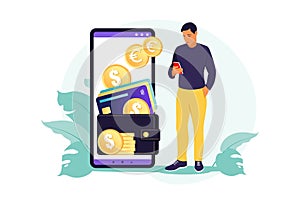 Digital wallet concept. Young wealthy man pays card using mobile payment. Vector illustration. Flat