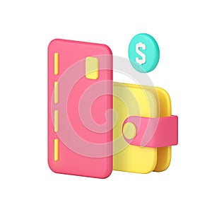 Digital wallet credit debit card with cash dollar coin money savings profit 3d icon realistic vector