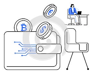 Digital Wallet with Cryptocurrency Coins and Remote Work Concept in Minimalist Design