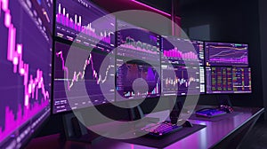 Digital wallpaper with charts and graphs on multiple computer screens, glowing, purple light