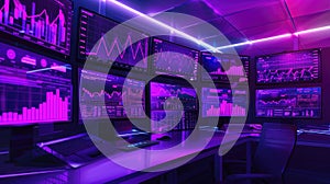 Digital wallpaper with charts and graphs on multiple computer screens, glowing, purple light