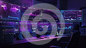 Digital wallpaper with charts and graphs on multiple computer screens, glowing, purple light