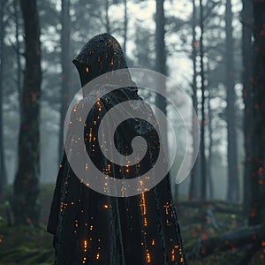 Digital Wanderer, hooded cloak, lost in the digital forest of algorithms and notifications, 3d render, silhouette lighting