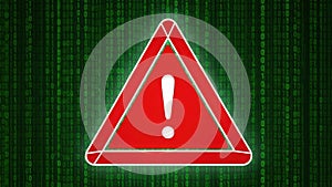 Digital warning sign on green binary code background