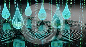 Digital Water Drops with Binary Code, Data Flow, Tech Innovation, Abstract Background