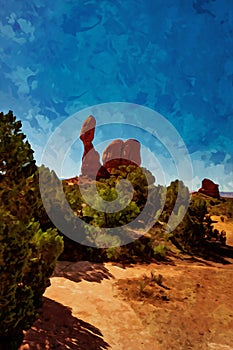 A digital watercolor of Balanced Rock, Arches NP. Vibrant colors and soft brushstrokes create a dreamlike quality