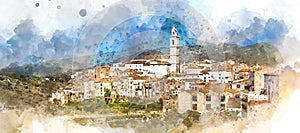 Digital watercolor of Bocairent village. Spain photo