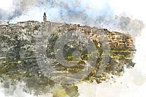 Digital watercolor of Bocairent village. Spain photo