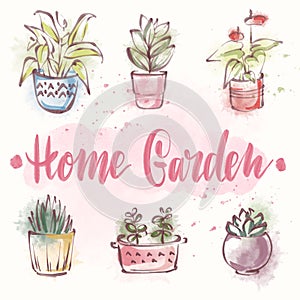 Digital watercolor card with home plants and lettering home garden