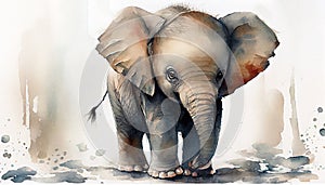 Digital watercolor. Digitally drawn illustration of a cute cartoon elephant. Cute tropical animals